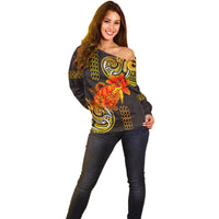 Hawaii Turtle Hibiscus Flower Off Shoulder Sweater Polynesian Tattoo LT03 - Polynesian Pride