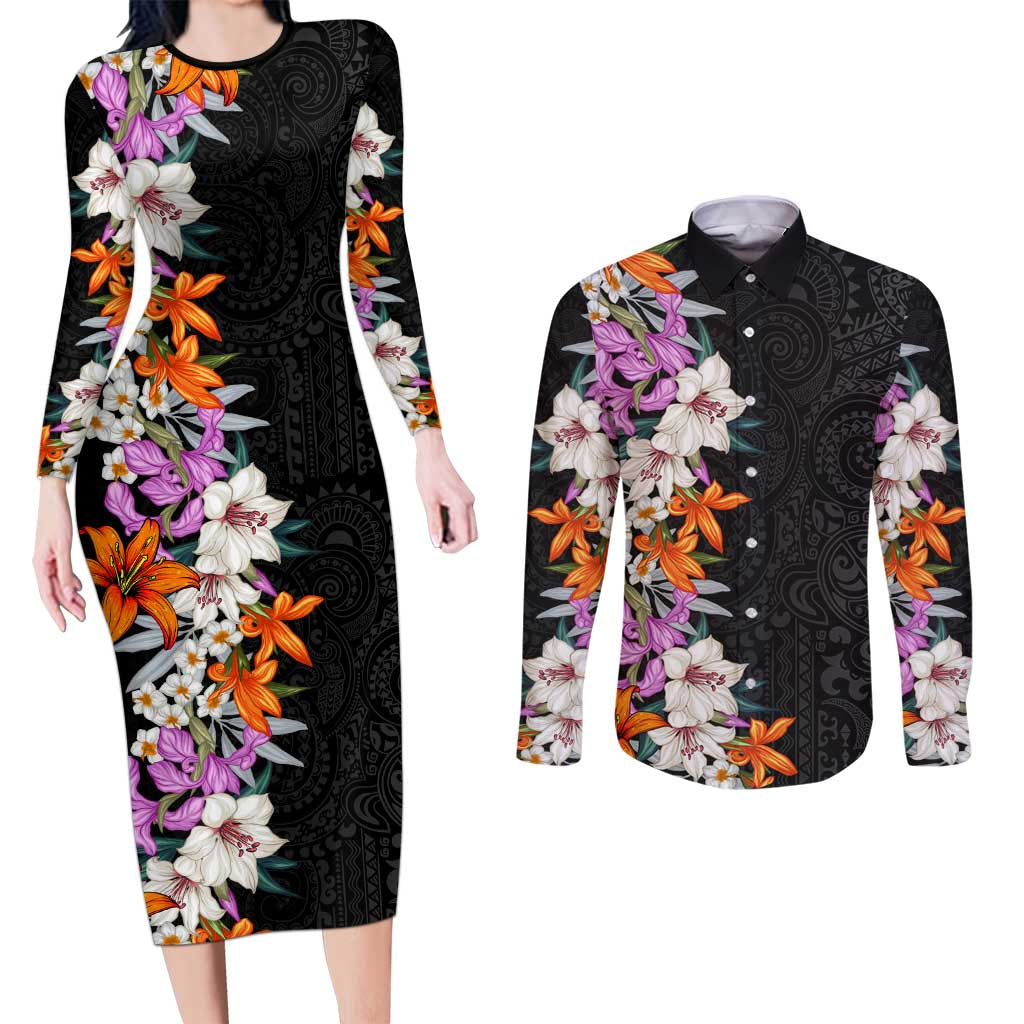 Hawaii Tropical Leaves and Flowers Couples Matching Long Sleeve Bodycon Dress and Long Sleeve Button Shirt Tribal Polynesian Pattern LT03 Black - Polynesian Pride