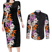 Hawaii Tropical Leaves and Flowers Couples Matching Long Sleeve Bodycon Dress and Long Sleeve Button Shirt Tribal Polynesian Pattern LT03 Black - Polynesian Pride