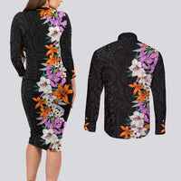 Hawaii Tropical Leaves and Flowers Couples Matching Long Sleeve Bodycon Dress and Long Sleeve Button Shirt Tribal Polynesian Pattern LT03 - Polynesian Pride