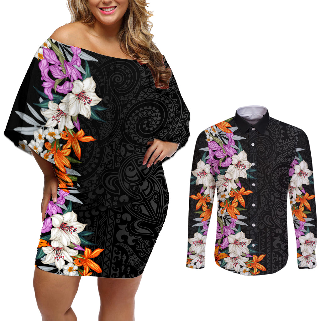 Hawaii Tropical Leaves and Flowers Couples Matching Off Shoulder Short Dress and Long Sleeve Button Shirt Tribal Polynesian Pattern LT03 Black - Polynesian Pride