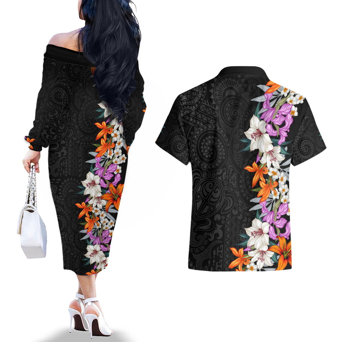 Hawaii Tropical Leaves and Flowers Couples Matching Off The Shoulder Long Sleeve Dress and Hawaiian Shirt Tribal Polynesian Pattern LT03 - Polynesian Pride
