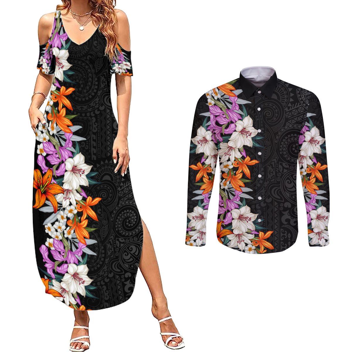Hawaii Tropical Leaves and Flowers Couples Matching Summer Maxi Dress and Long Sleeve Button Shirt Tribal Polynesian Pattern LT03 Black - Polynesian Pride