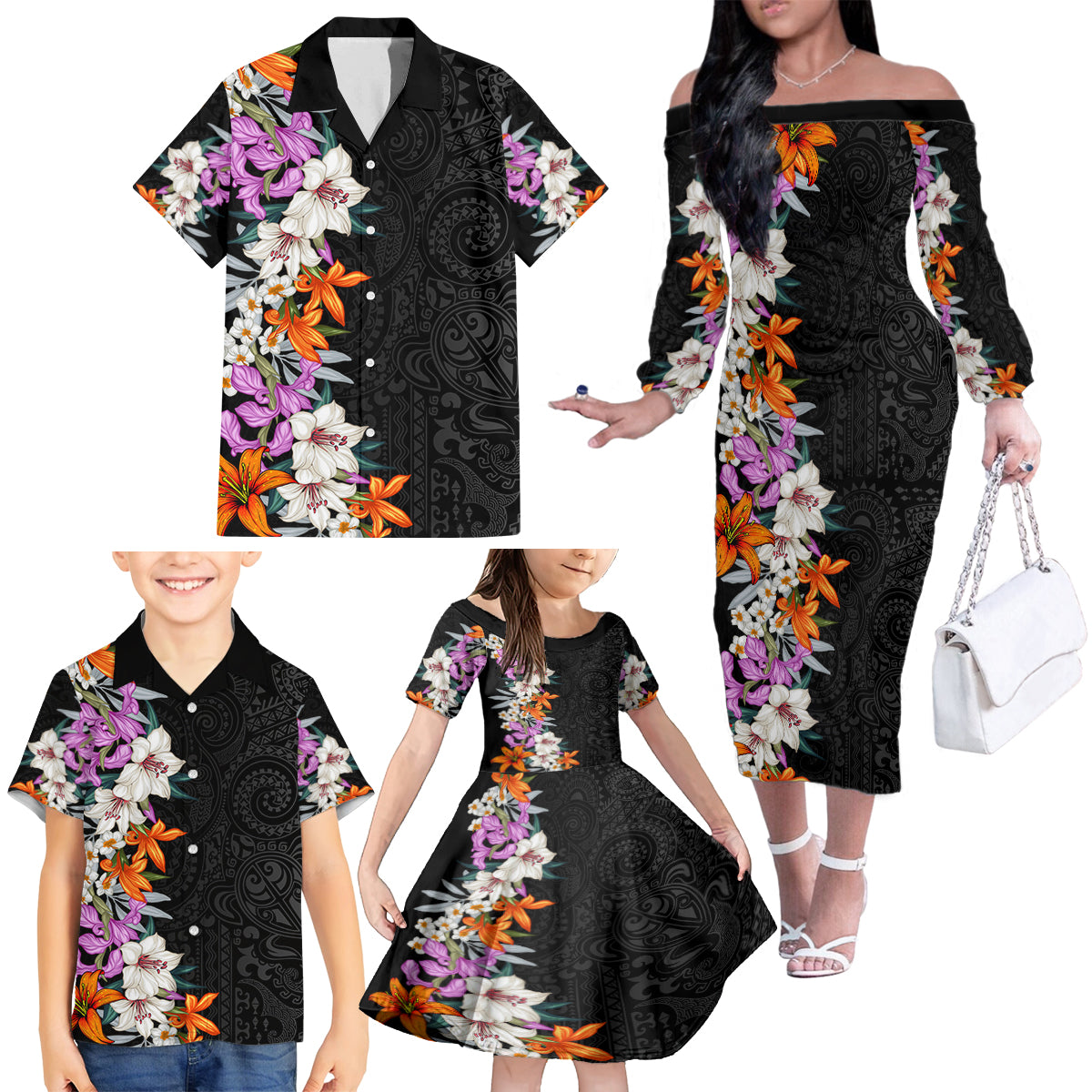 Hawaii Tropical Leaves and Flowers Family Matching Off Shoulder Long Sleeve Dress and Hawaiian Shirt Tribal Polynesian Pattern LT03 - Polynesian Pride
