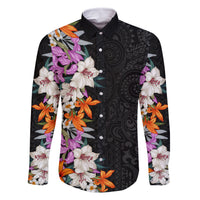 Hawaii Tropical Leaves and Flowers Family Matching Off Shoulder Long Sleeve Dress and Hawaiian Shirt Tribal Polynesian Pattern LT03 Dad's Shirt - Long Sleeve Black - Polynesian Pride