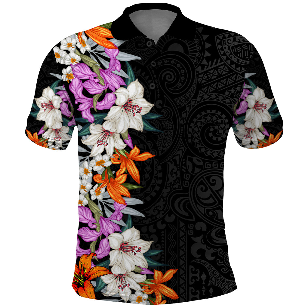 Hawaii Tropical Leaves and Flowers Polo Shirt - Tribal Polynesian Pattern LT03 Black - Polynesian Pride