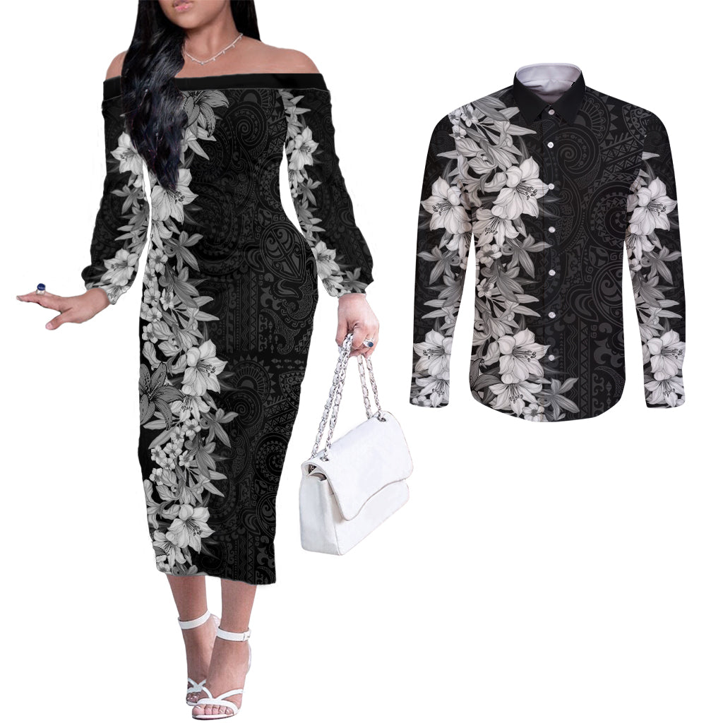 Hawaii Tropical Leaves and Flowers Couples Matching Off The Shoulder Long Sleeve Dress and Long Sleeve Button Shirt Tribal Polynesian Pattern Black White Style LT03 Black - Polynesian Pride