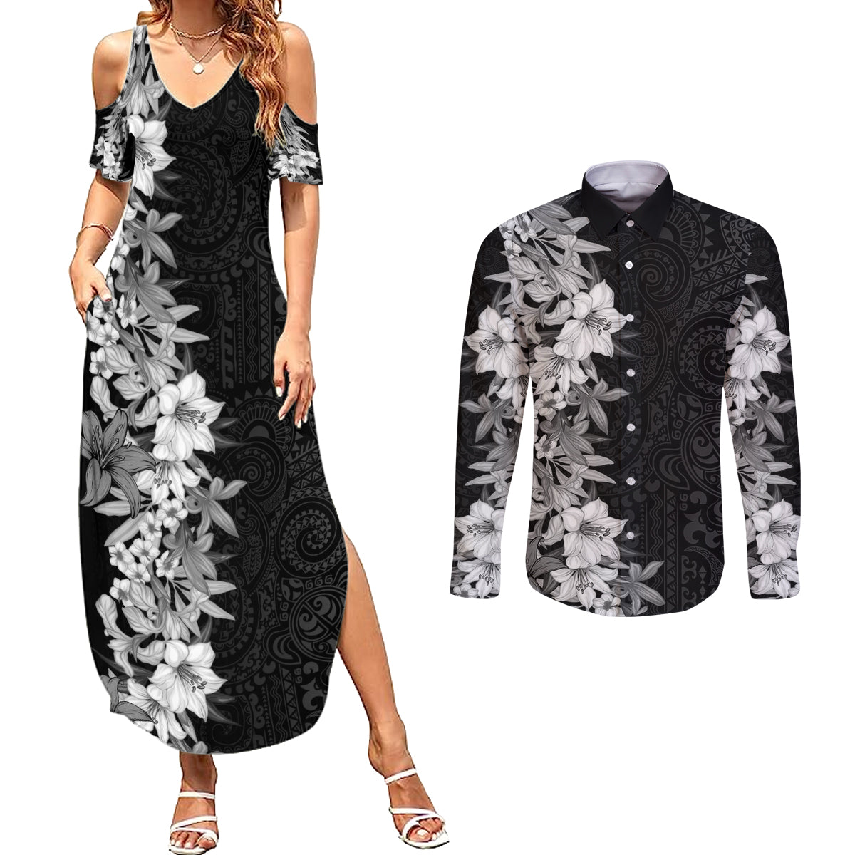 Hawaii Tropical Leaves and Flowers Couples Matching Summer Maxi Dress and Long Sleeve Button Shirt Tribal Polynesian Pattern Black White Style LT03 Black - Polynesian Pride