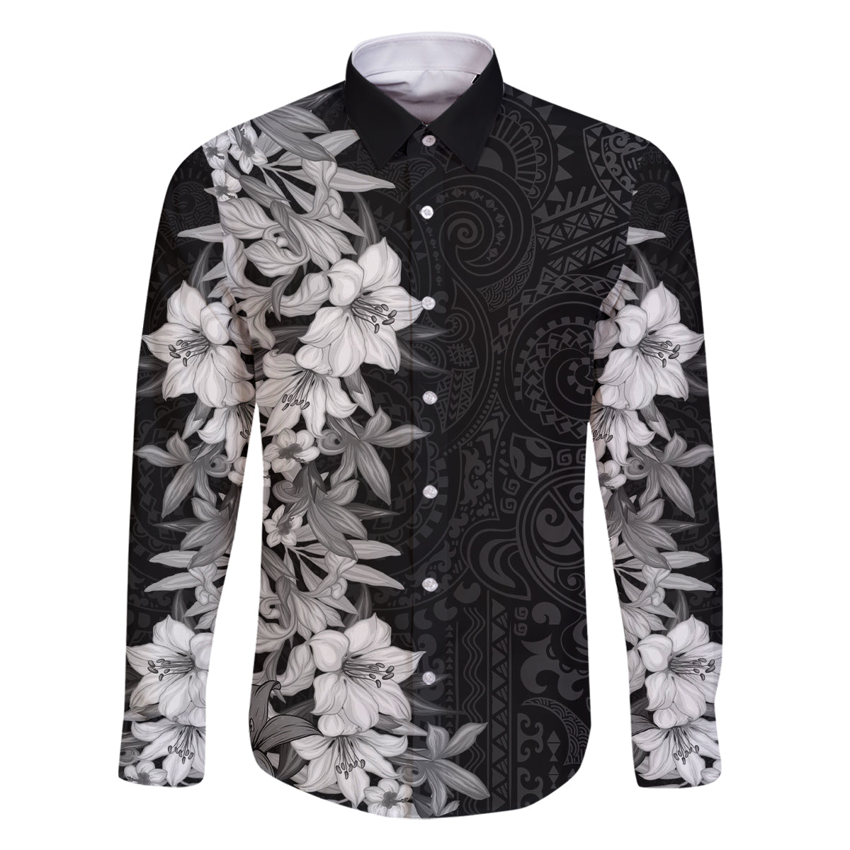 Hawaii Tropical Leaves and Flowers Family Matching Long Sleeve Bodycon Dress and Hawaiian Shirt Tribal Polynesian Pattern Black White Style LT03 Dad's Shirt - Long Sleeve Black - Polynesian Pride