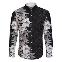 Hawaii Tropical Leaves and Flowers Family Matching Long Sleeve Bodycon Dress and Hawaiian Shirt Tribal Polynesian Pattern Black White Style LT03 Dad's Shirt - Long Sleeve Black - Polynesian Pride