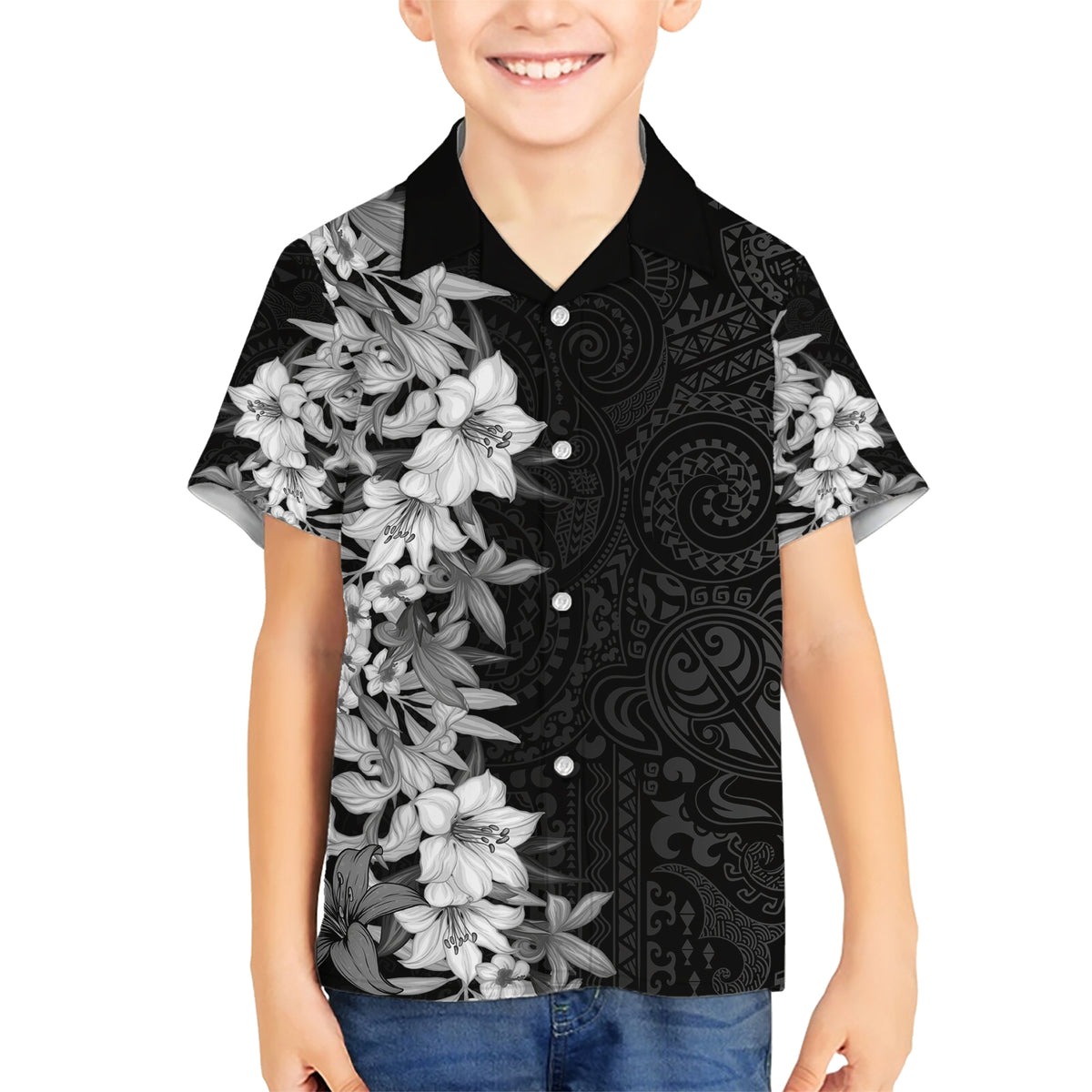 Hawaii Tropical Leaves and Flowers Family Matching Short Sleeve Bodycon Dress and Hawaiian Shirt Tribal Polynesian Pattern Black White Style LT03 Son's Shirt Black - Polynesian Pride