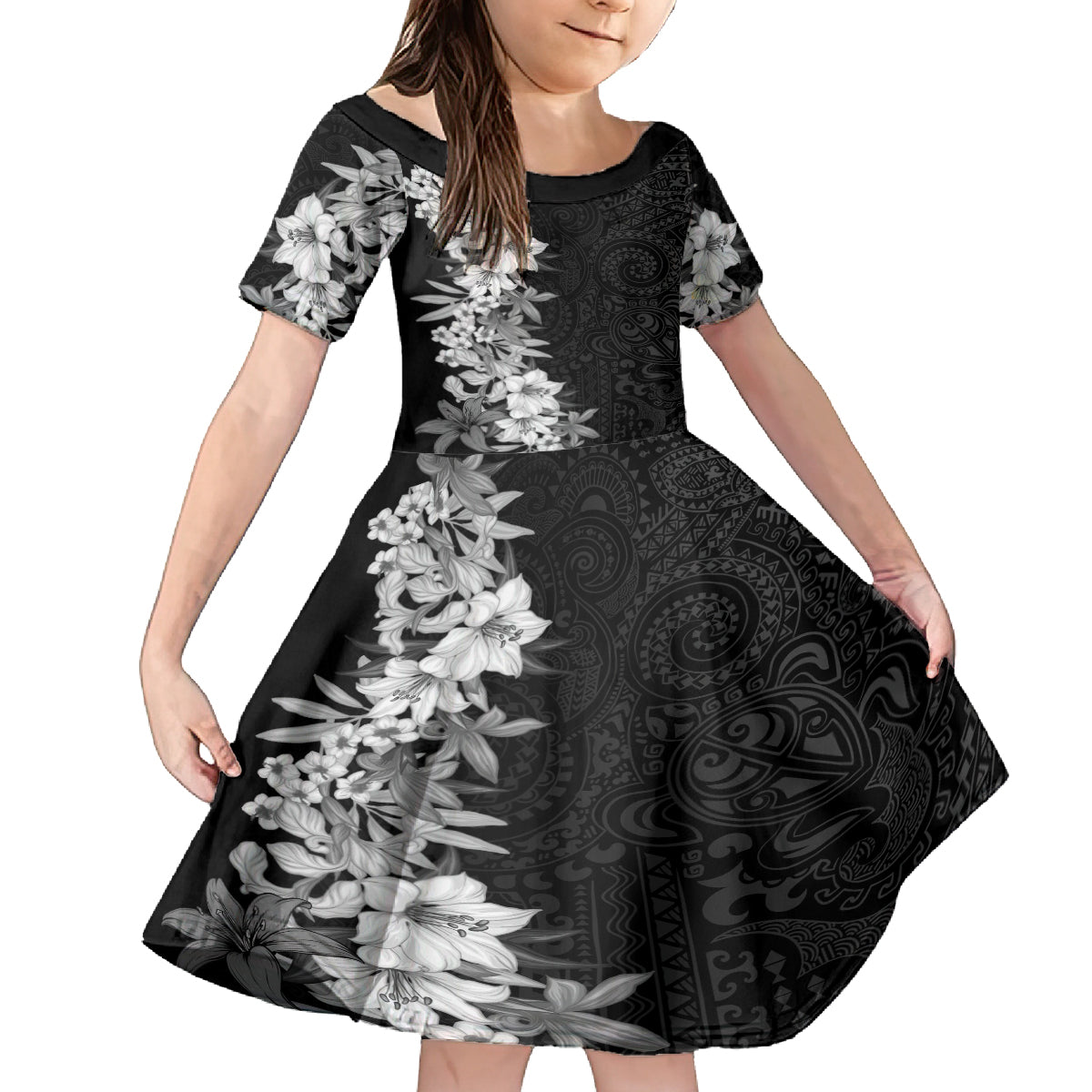 Hawaii Tropical Leaves and Flowers Kid Short Sleeve Dress Tribal Polynesian Pattern Black White Style LT03 KID Black - Polynesian Pride