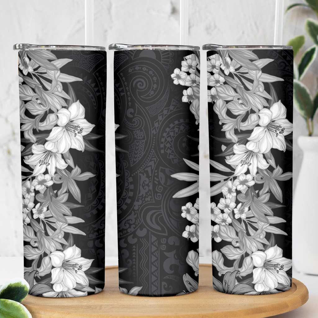 Hawaii Tropical Leaves and Flowers Skinny Tumbler Tribal Polynesian Pattern Black White Style LT03 - Polynesian Pride