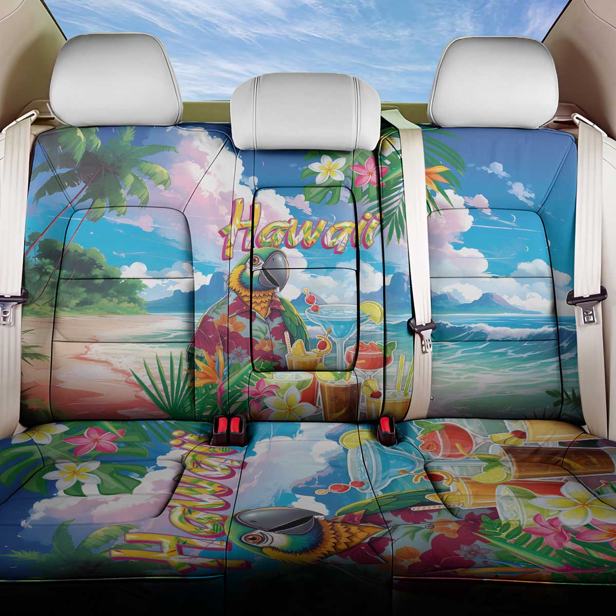 Hawaii Cocktails Back Car Seat Cover Parrot with Cute Beach Landscape and Tropical Plants LT03 One Size Pastel - Polynesian Pride
