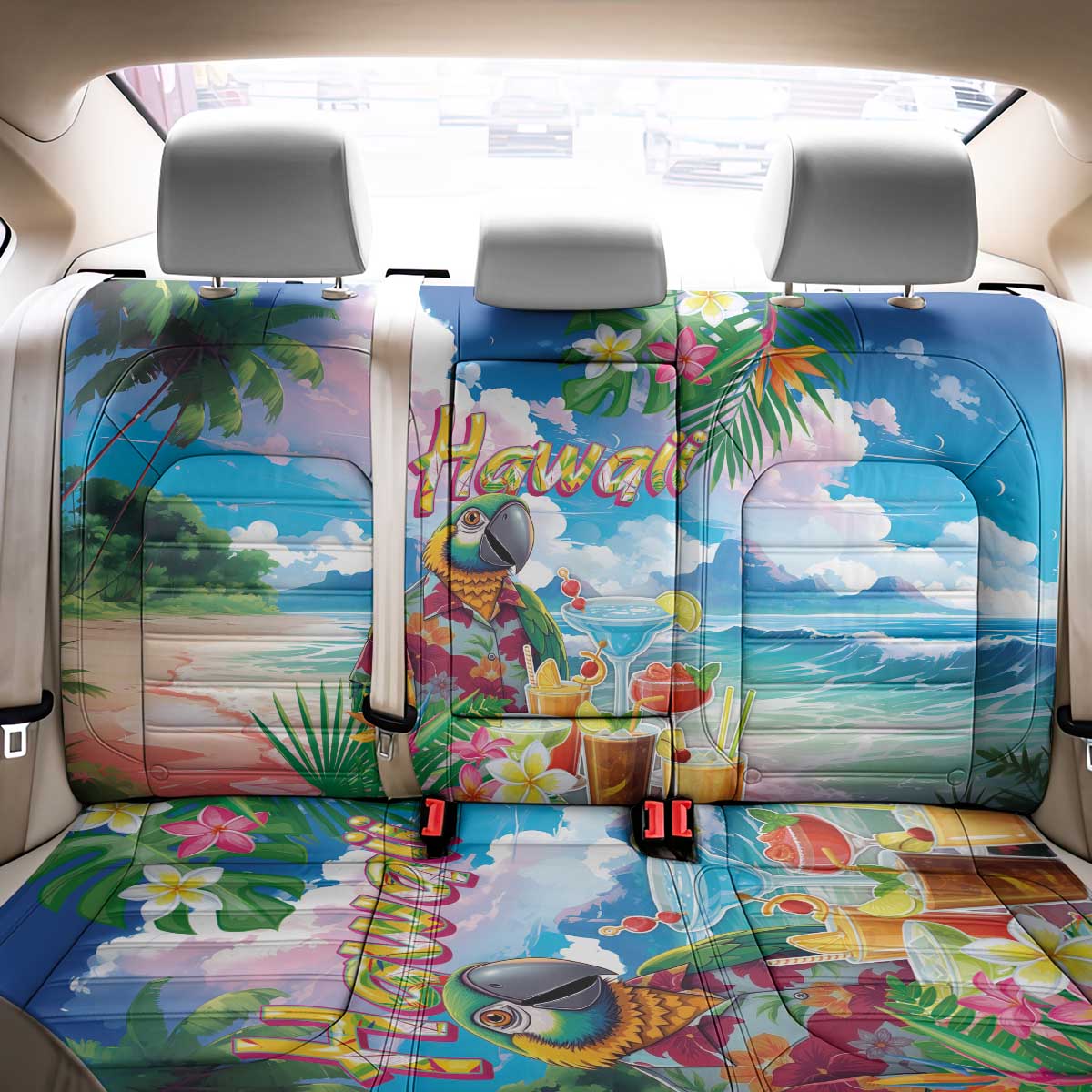 Hawaii Cocktails Back Car Seat Cover Parrot with Cute Beach Landscape and Tropical Plants LT03 - Polynesian Pride