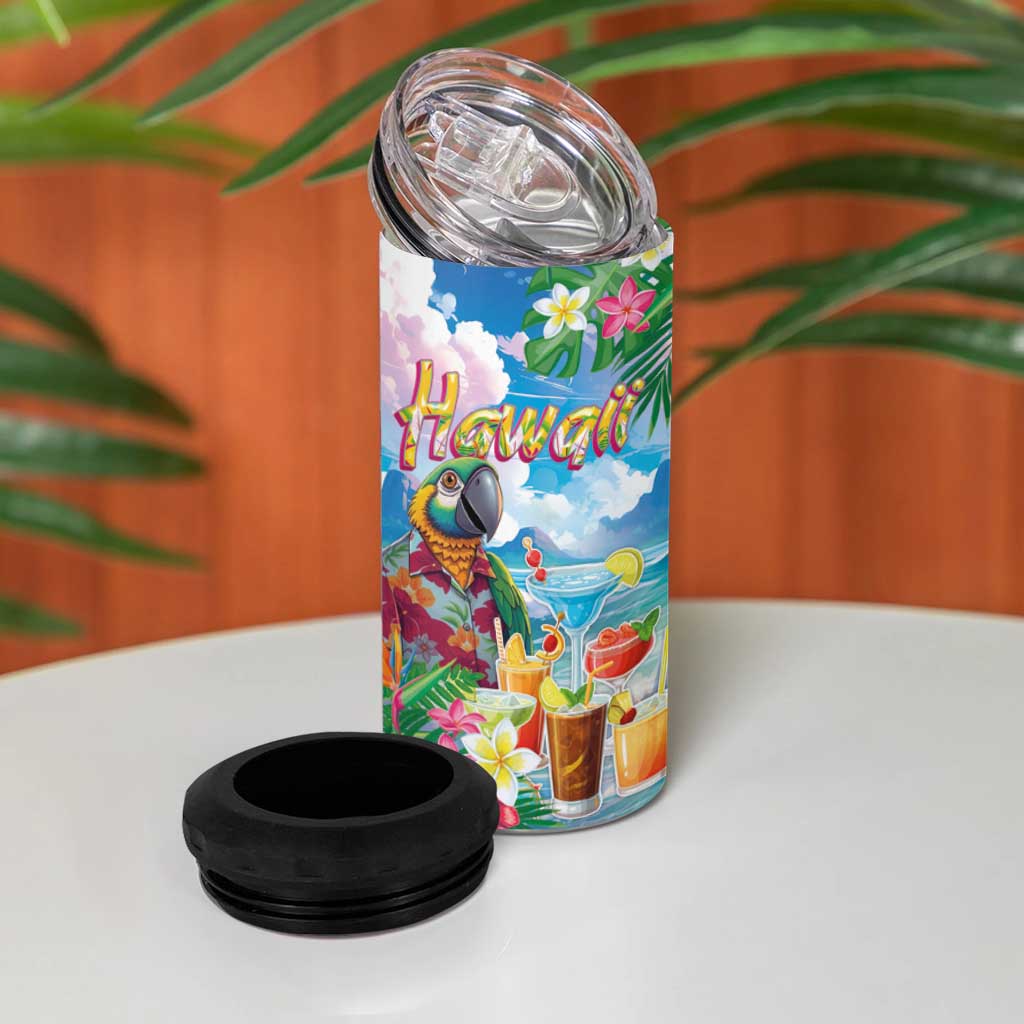 Hawaii Cocktails 4 in 1 Can Cooler Tumbler Parrot with Cute Beach Landscape and Tropical Plants LT03 - Polynesian Pride