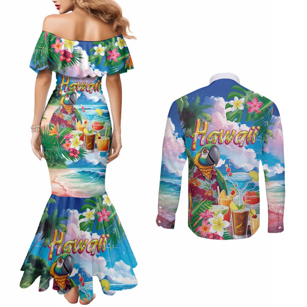 Hawaii Cocktails Couples Matching Mermaid Dress and Long Sleeve Button Shirt Parrot with Cute Beach Landscape and Tropical Plants LT03 - Polynesian Pride
