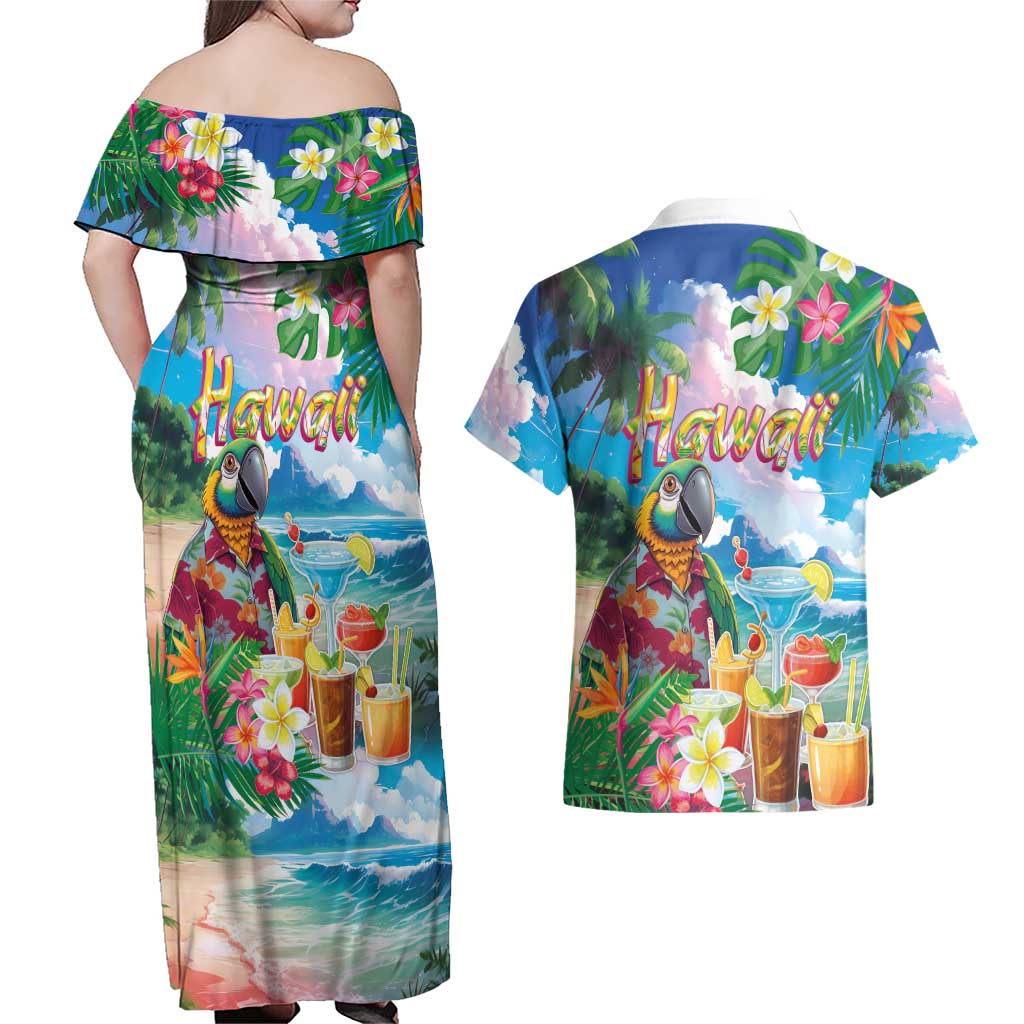 Hawaii Cocktails Couples Matching Off Shoulder Maxi Dress and Hawaiian Shirt Parrot with Cute Beach Landscape and Tropical Plants LT03 - Polynesian Pride