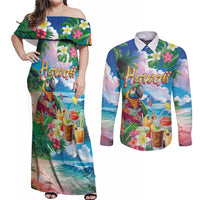 Hawaii Cocktails Couples Matching Off Shoulder Maxi Dress and Long Sleeve Button Shirt Parrot with Cute Beach Landscape and Tropical Plants LT03 Pastel - Polynesian Pride