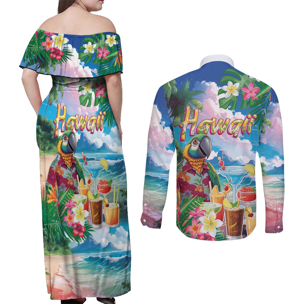 Hawaii Cocktails Couples Matching Off Shoulder Maxi Dress and Long Sleeve Button Shirt Parrot with Cute Beach Landscape and Tropical Plants LT03 - Polynesian Pride