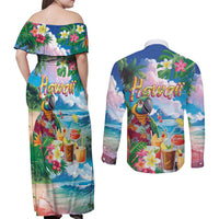 Hawaii Cocktails Couples Matching Off Shoulder Maxi Dress and Long Sleeve Button Shirt Parrot with Cute Beach Landscape and Tropical Plants LT03 - Polynesian Pride