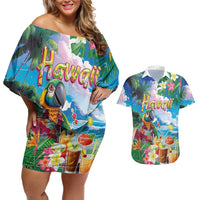 Hawaii Cocktails Couples Matching Off Shoulder Short Dress and Hawaiian Shirt Parrot with Cute Beach Landscape and Tropical Plants LT03 Pastel - Polynesian Pride