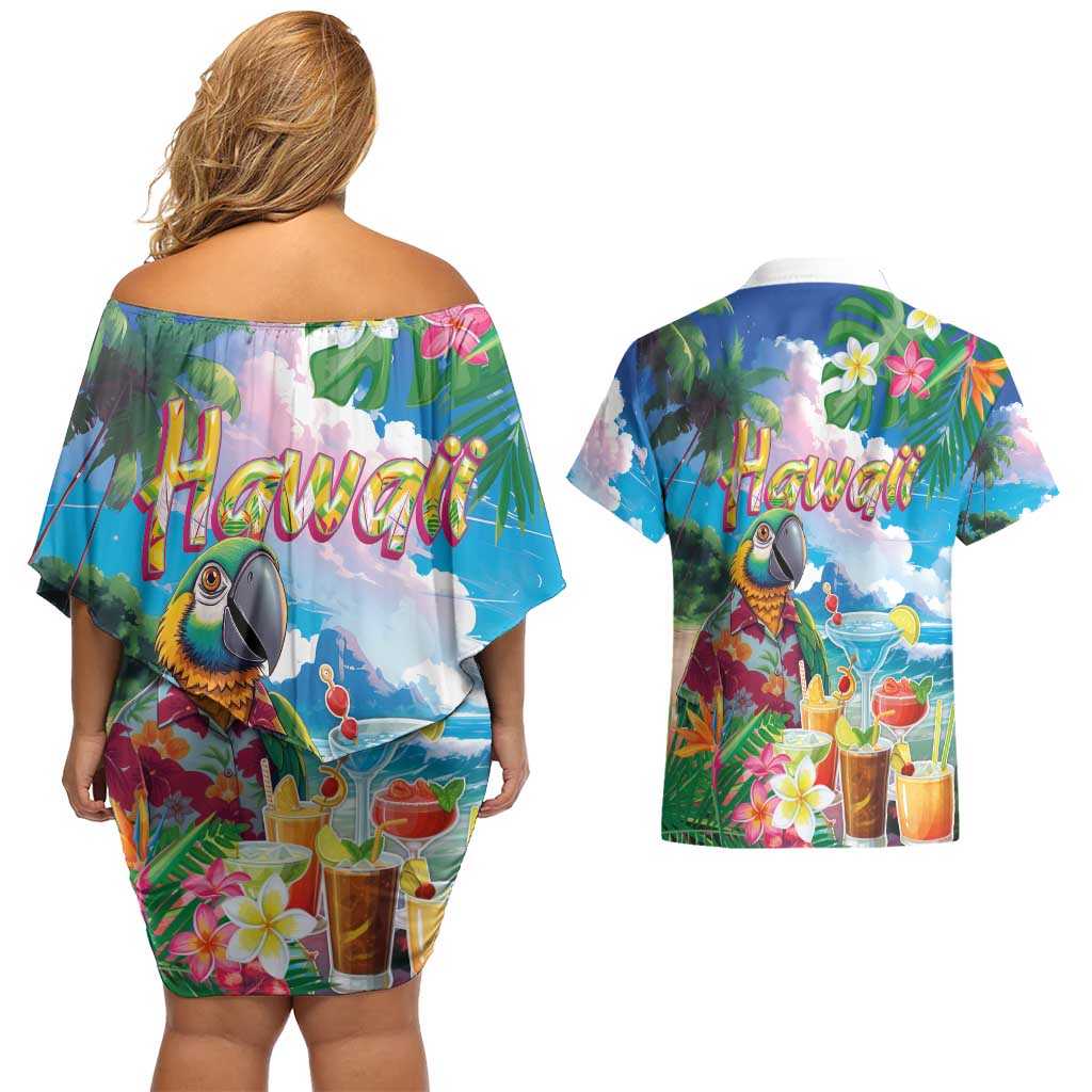 Hawaii Cocktails Couples Matching Off Shoulder Short Dress and Hawaiian Shirt Parrot with Cute Beach Landscape and Tropical Plants LT03 - Polynesian Pride