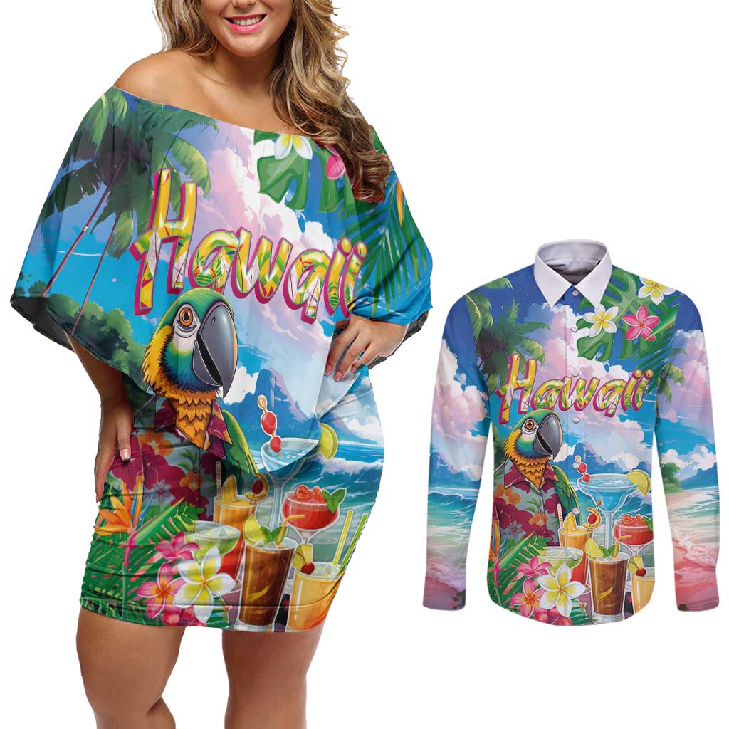 Hawaii Cocktails Couples Matching Off Shoulder Short Dress and Long Sleeve Button Shirt Parrot with Cute Beach Landscape and Tropical Plants LT03 Pastel - Polynesian Pride