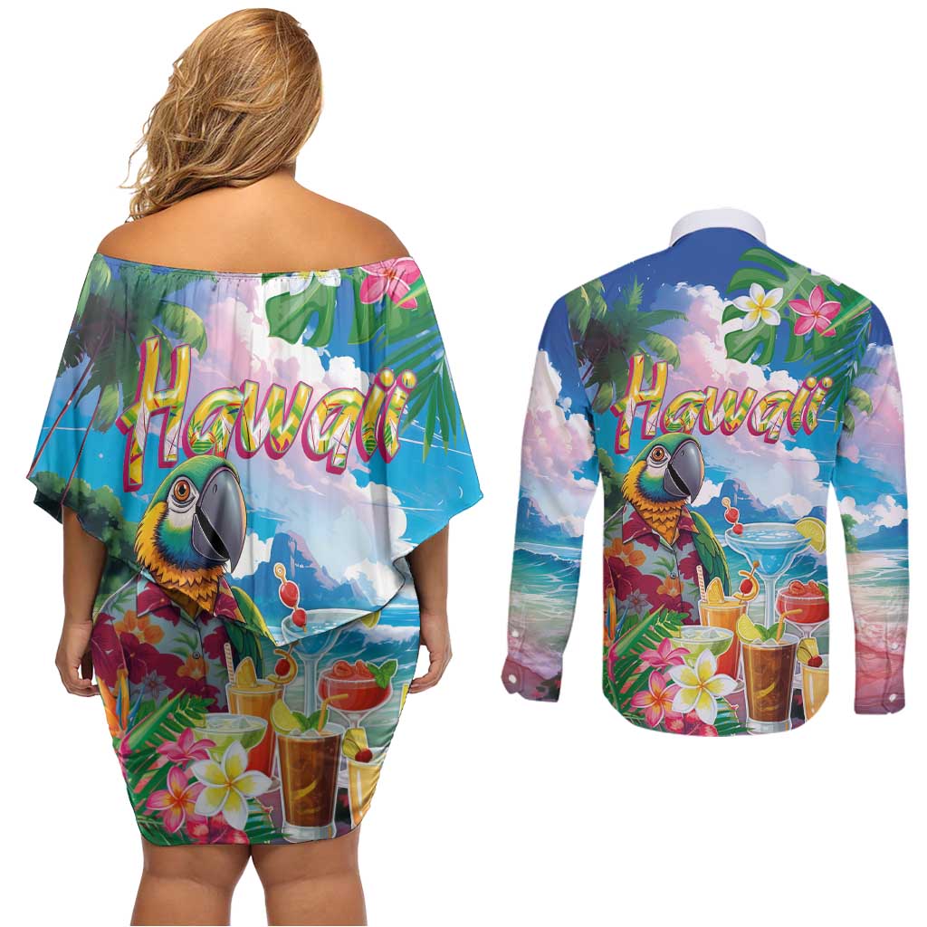 Hawaii Cocktails Couples Matching Off Shoulder Short Dress and Long Sleeve Button Shirt Parrot with Cute Beach Landscape and Tropical Plants LT03 - Polynesian Pride