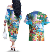 Hawaii Cocktails Couples Matching Off The Shoulder Long Sleeve Dress and Hawaiian Shirt Parrot with Cute Beach Landscape and Tropical Plants LT03 - Polynesian Pride