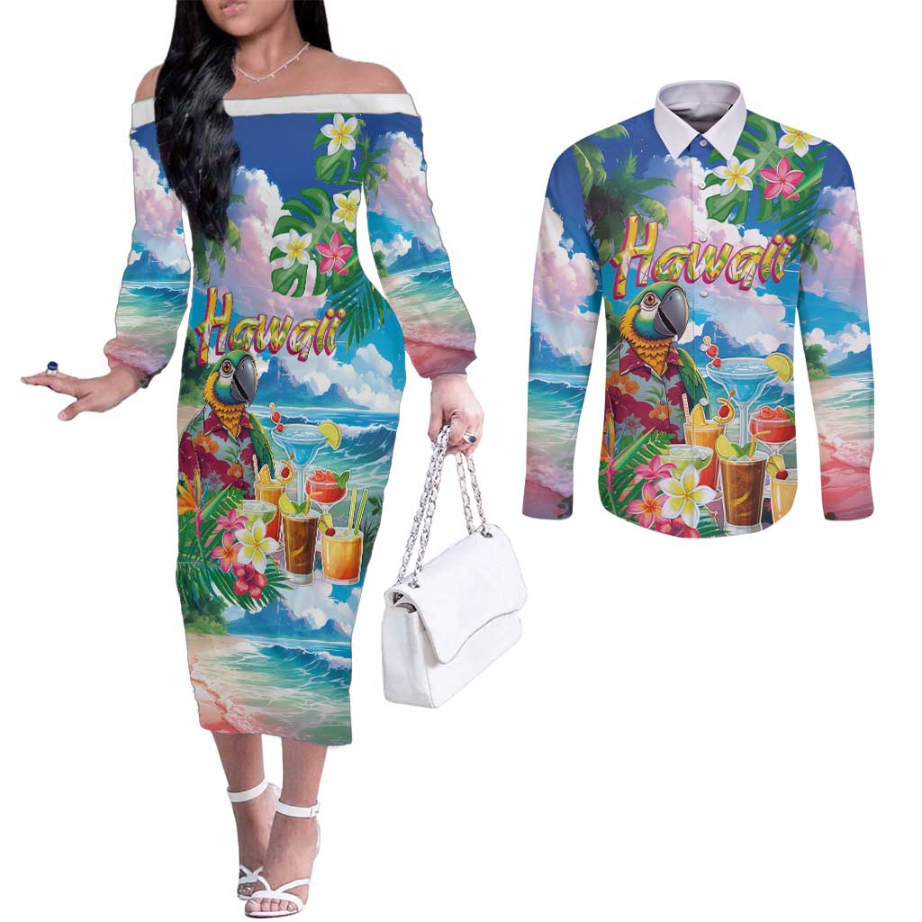 Hawaii Cocktails Couples Matching Off The Shoulder Long Sleeve Dress and Long Sleeve Button Shirt Parrot with Cute Beach Landscape and Tropical Plants LT03 Pastel - Polynesian Pride