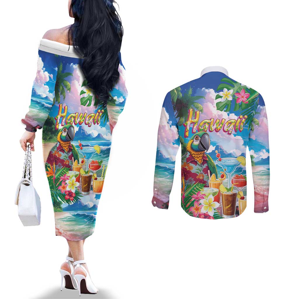 Hawaii Cocktails Couples Matching Off The Shoulder Long Sleeve Dress and Long Sleeve Button Shirt Parrot with Cute Beach Landscape and Tropical Plants LT03 - Polynesian Pride