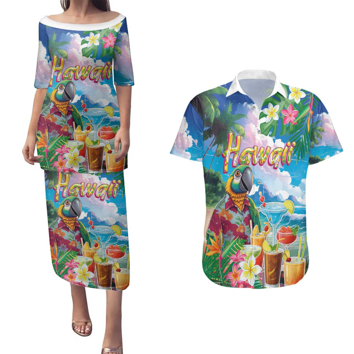 Hawaii Cocktails Couples Matching Puletasi and Hawaiian Shirt Parrot with Cute Beach Landscape and Tropical Plants LT03 Pastel - Polynesian Pride