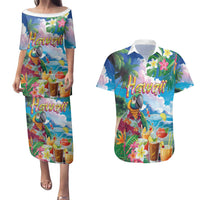Hawaii Cocktails Couples Matching Puletasi and Hawaiian Shirt Parrot with Cute Beach Landscape and Tropical Plants LT03 Pastel - Polynesian Pride