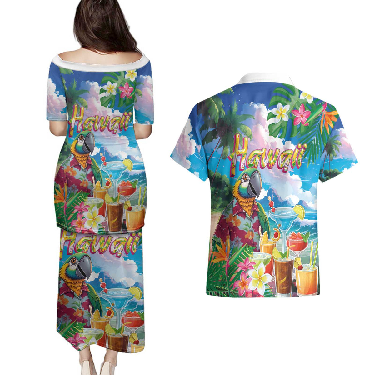 Hawaii Cocktails Couples Matching Puletasi and Hawaiian Shirt Parrot with Cute Beach Landscape and Tropical Plants LT03 - Polynesian Pride