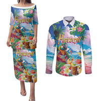 Hawaii Cocktails Couples Matching Puletasi and Long Sleeve Button Shirt Parrot with Cute Beach Landscape and Tropical Plants LT03 Pastel - Polynesian Pride
