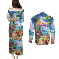 Hawaii Cocktails Couples Matching Puletasi and Long Sleeve Button Shirt Parrot with Cute Beach Landscape and Tropical Plants LT03 - Polynesian Pride