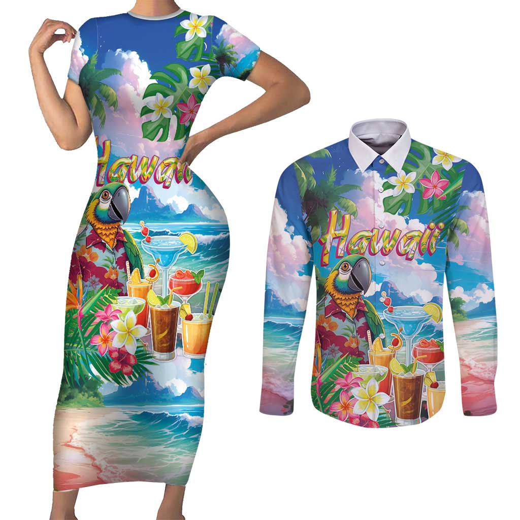 Hawaii Cocktails Couples Matching Short Sleeve Bodycon Dress and Long Sleeve Button Shirt Parrot with Cute Beach Landscape and Tropical Plants LT03 Pastel - Polynesian Pride