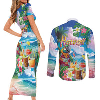 Hawaii Cocktails Couples Matching Short Sleeve Bodycon Dress and Long Sleeve Button Shirt Parrot with Cute Beach Landscape and Tropical Plants LT03 - Polynesian Pride