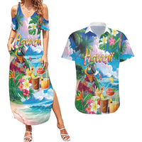 Hawaii Cocktails Couples Matching Summer Maxi Dress and Hawaiian Shirt Parrot with Cute Beach Landscape and Tropical Plants LT03 Pastel - Polynesian Pride