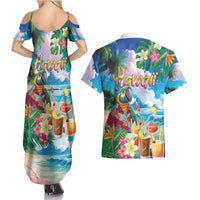 Hawaii Cocktails Couples Matching Summer Maxi Dress and Hawaiian Shirt Parrot with Cute Beach Landscape and Tropical Plants LT03 - Polynesian Pride