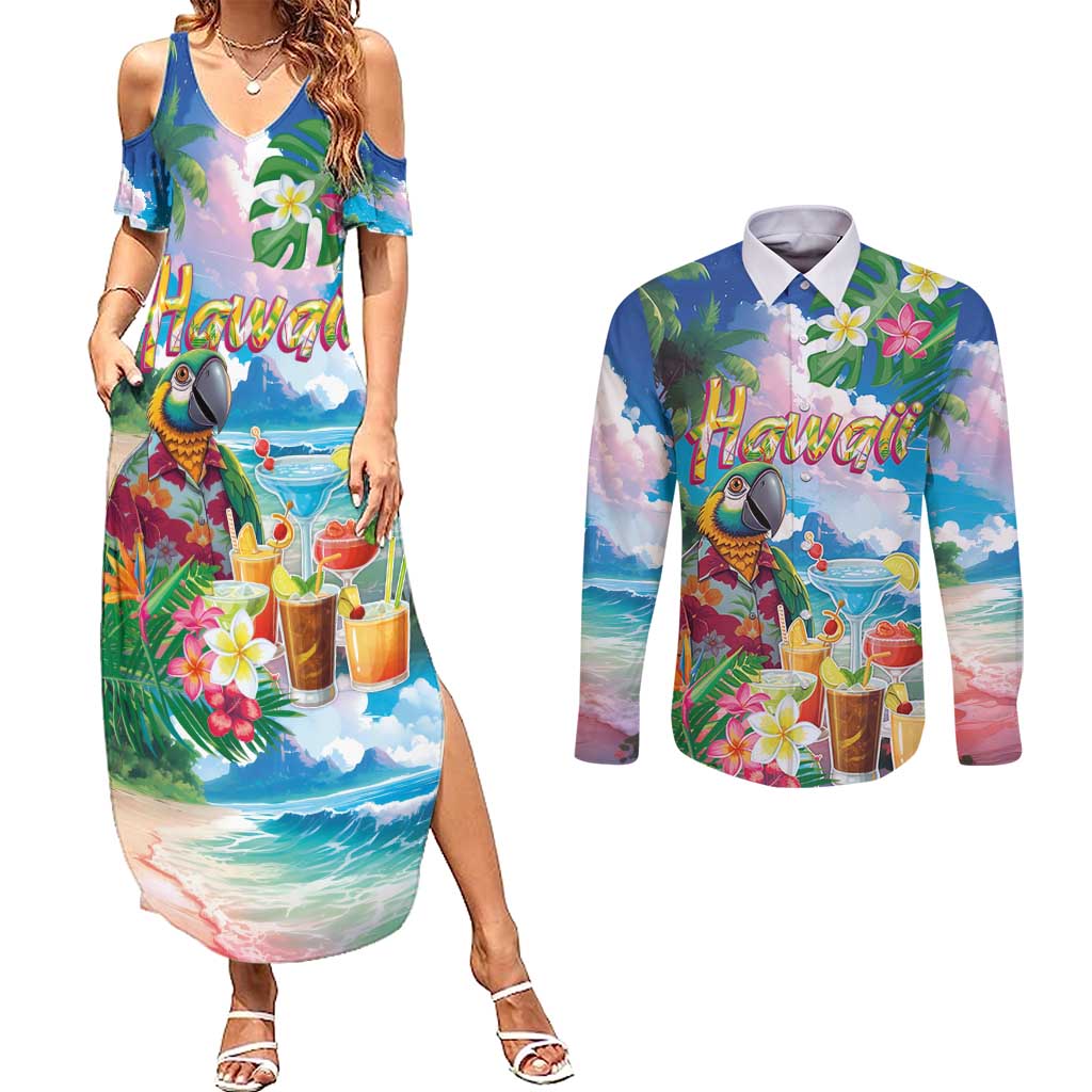 Hawaii Cocktails Couples Matching Summer Maxi Dress and Long Sleeve Button Shirt Parrot with Cute Beach Landscape and Tropical Plants LT03 Pastel - Polynesian Pride