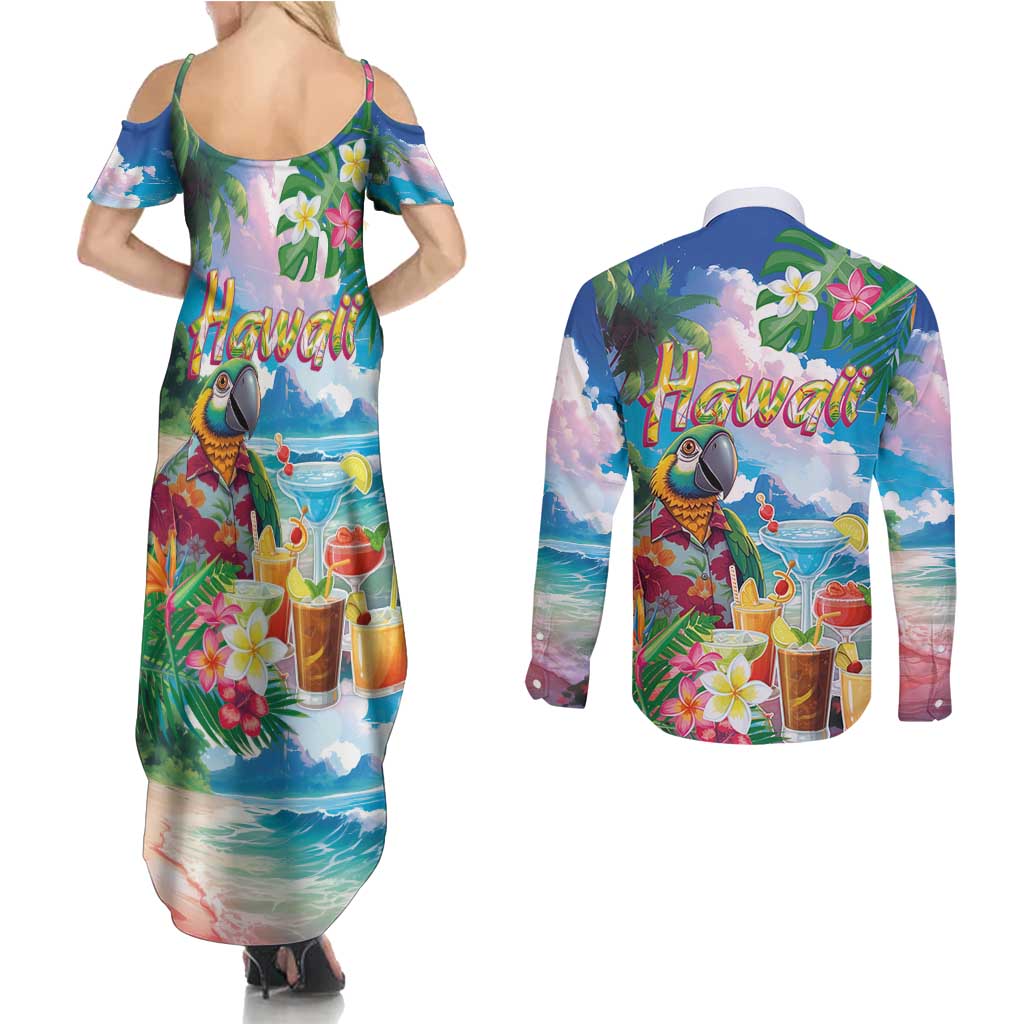 Hawaii Cocktails Couples Matching Summer Maxi Dress and Long Sleeve Button Shirt Parrot with Cute Beach Landscape and Tropical Plants LT03 - Polynesian Pride