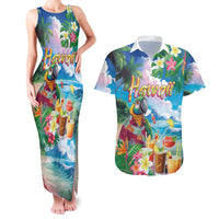 Hawaii Cocktails Couples Matching Tank Maxi Dress and Hawaiian Shirt Parrot with Cute Beach Landscape and Tropical Plants LT03 Pastel - Polynesian Pride