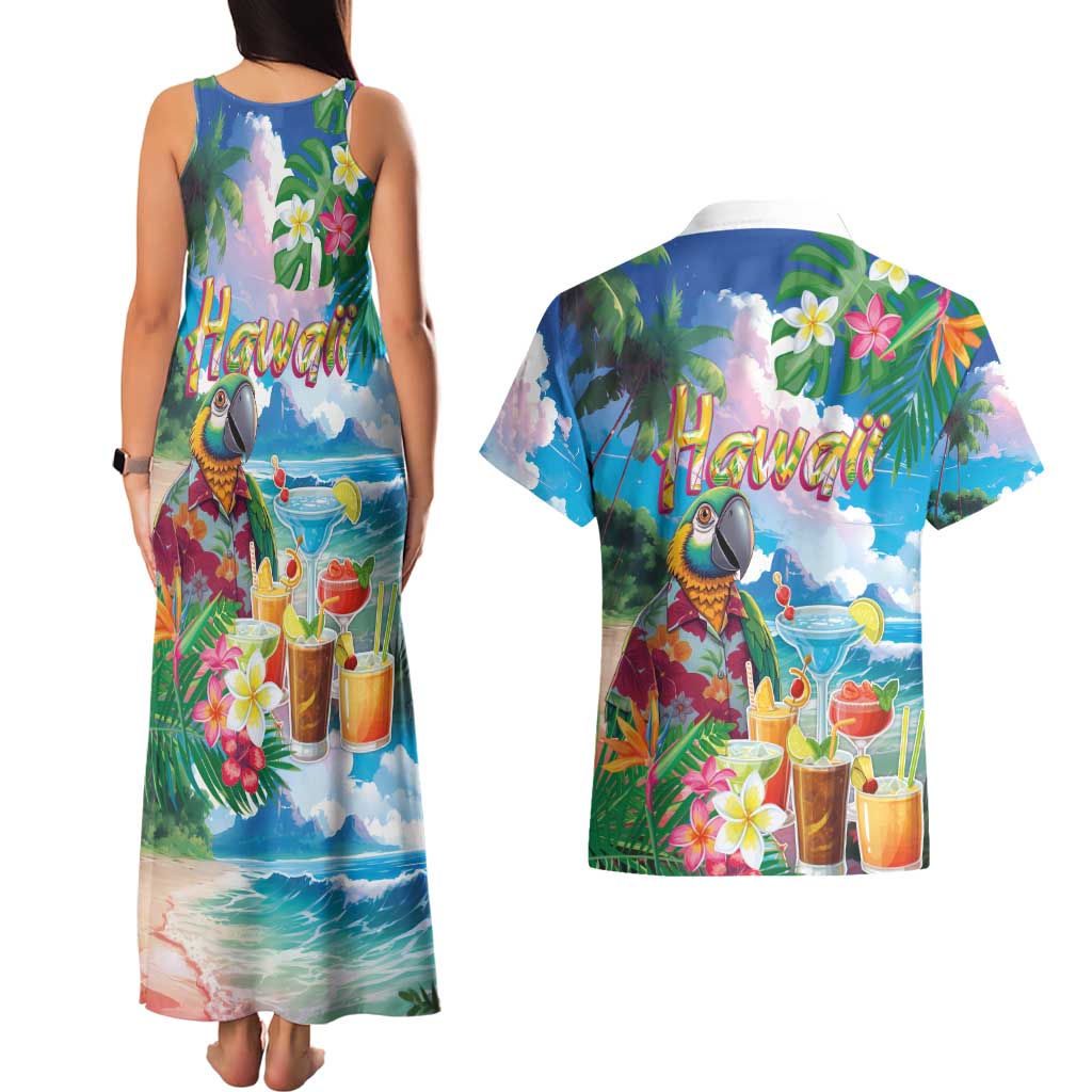 Hawaii Cocktails Couples Matching Tank Maxi Dress and Hawaiian Shirt Parrot with Cute Beach Landscape and Tropical Plants LT03 - Polynesian Pride