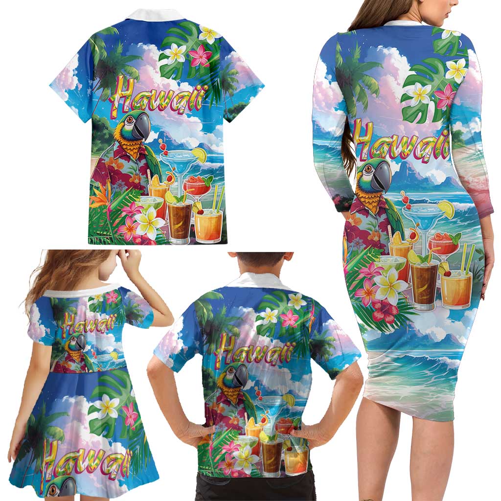 Hawaii Cocktails Family Matching Long Sleeve Bodycon Dress and Hawaiian Shirt Parrot with Cute Beach Landscape and Tropical Plants LT03 - Polynesian Pride