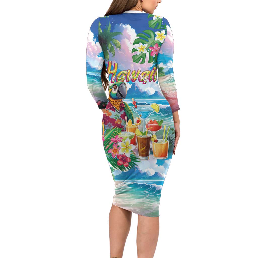 Hawaii Cocktails Family Matching Long Sleeve Bodycon Dress and Hawaiian Shirt Parrot with Cute Beach Landscape and Tropical Plants LT03 - Polynesian Pride