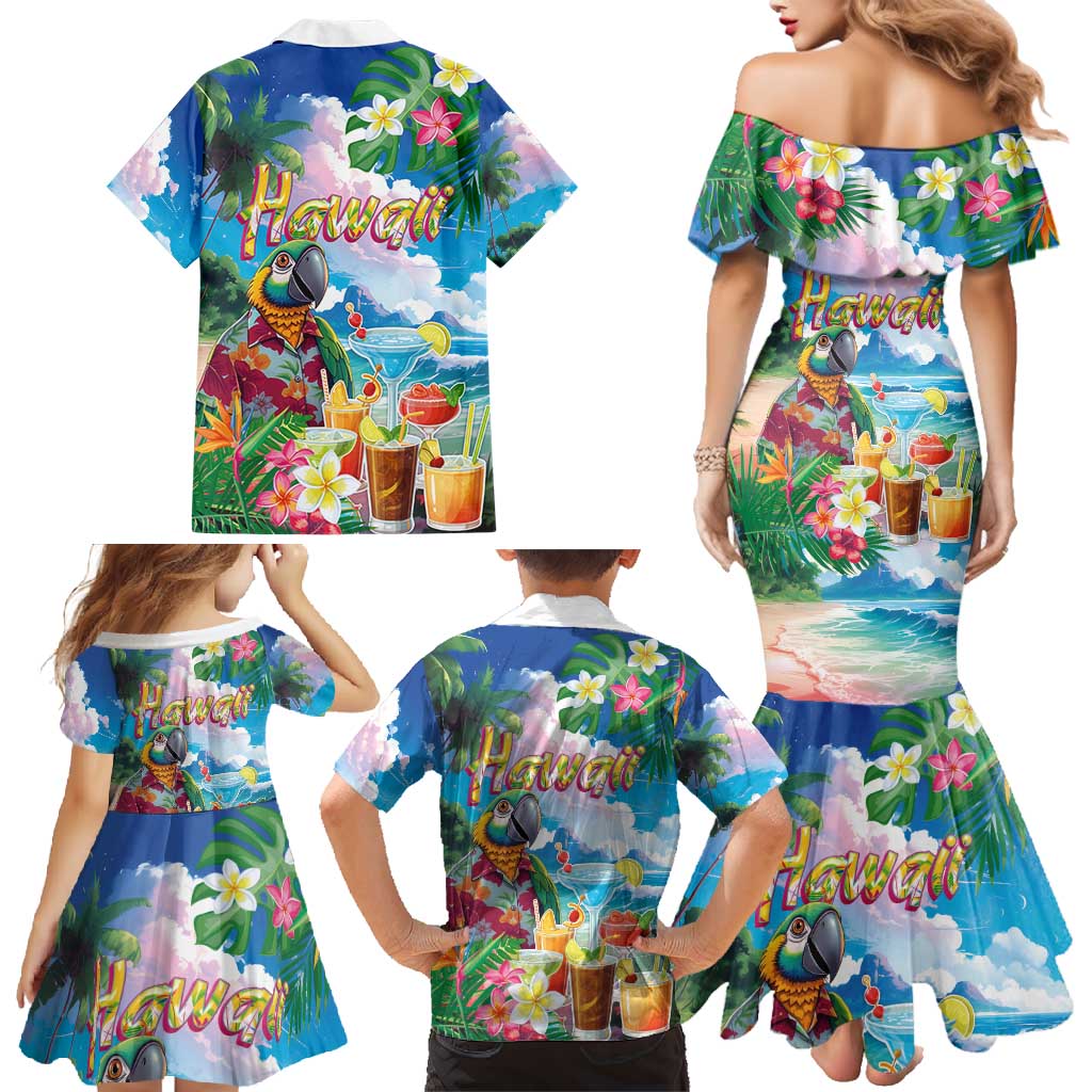 Hawaii Cocktails Family Matching Mermaid Dress and Hawaiian Shirt Parrot with Cute Beach Landscape and Tropical Plants LT03 - Polynesian Pride