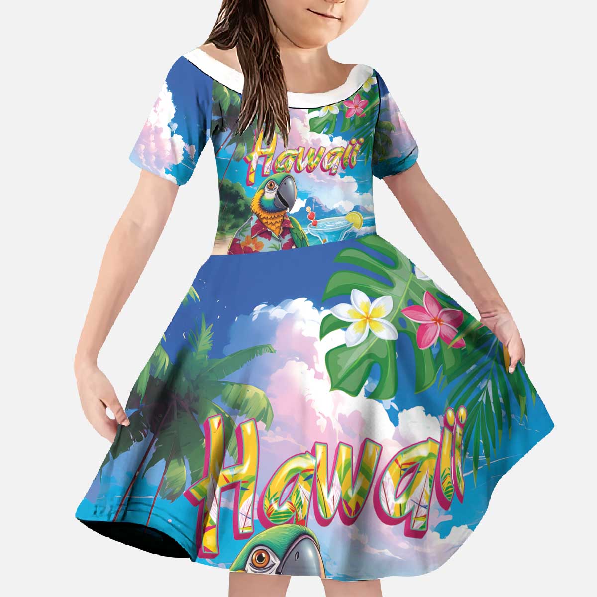 Hawaii Cocktails Family Matching Off The Shoulder Long Sleeve Dress and Hawaiian Shirt Parrot with Cute Beach Landscape and Tropical Plants LT03 Daughter's Dress Pastel - Polynesian Pride