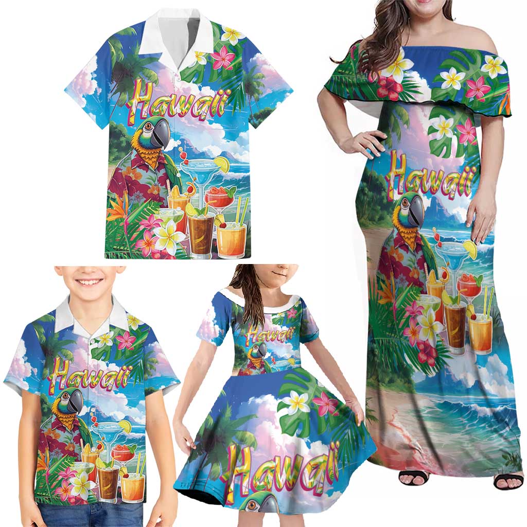 Hawaii Cocktails Family Matching Off Shoulder Maxi Dress and Hawaiian Shirt Parrot with Cute Beach Landscape and Tropical Plants LT03 - Polynesian Pride